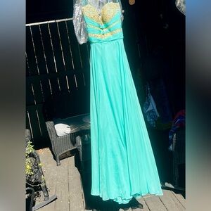 La Femme Turquoise and Gold Prom Dress